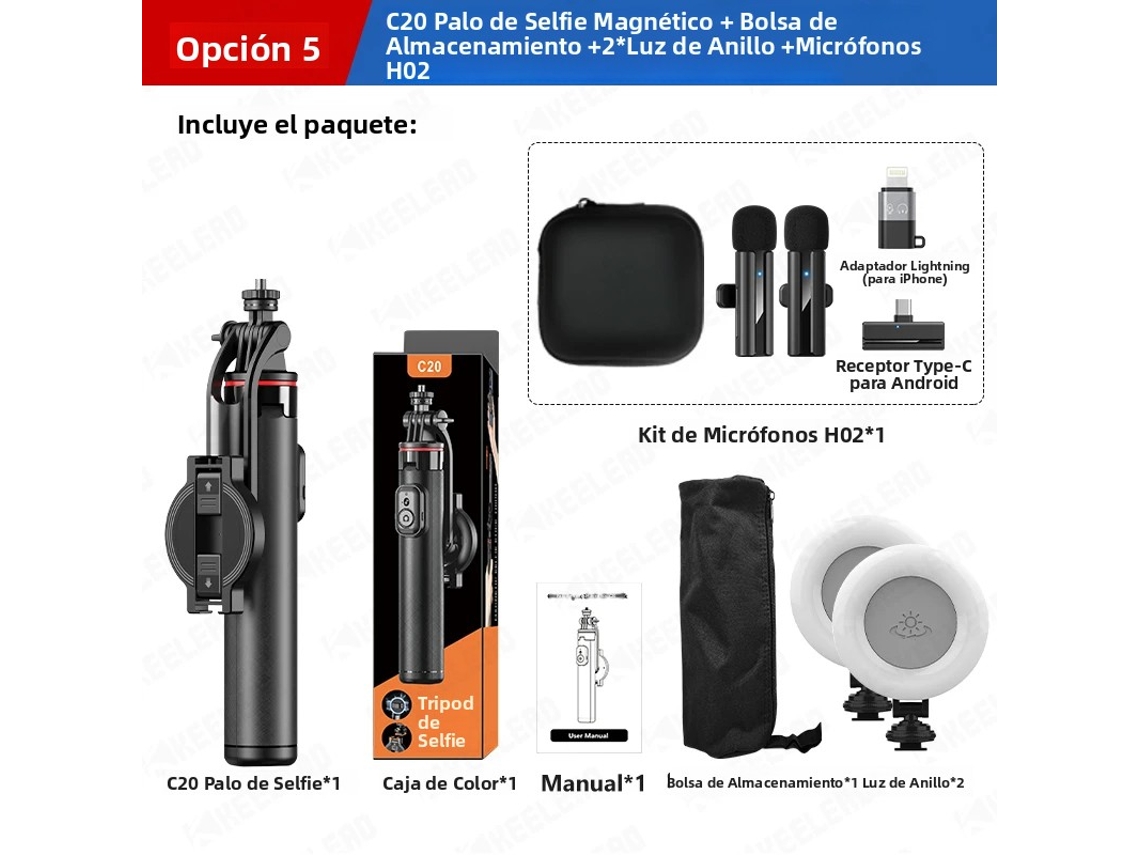 (Paquete de 5) Palos magnéticos para selfies con trípode estabilizado y control remoto Bluetooth