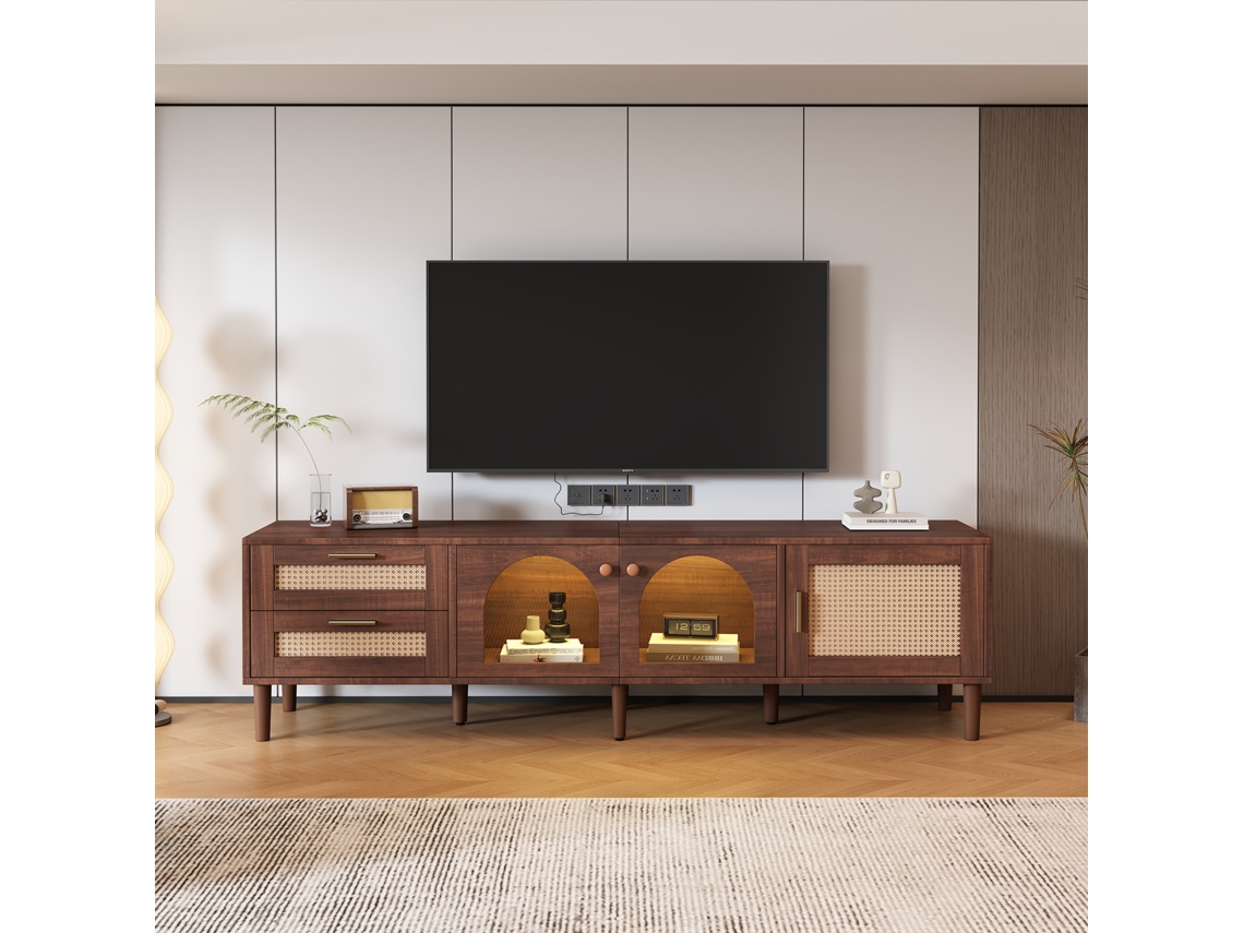 Mueble Tv Marrón Para Tv 80", 2 Cajones De Ratán, 2 Puertas De Vidrio Curvo, 1 Puerta De Ratán, Led, 8 Patas, 4 Ajustables, 180x40x50 Cm