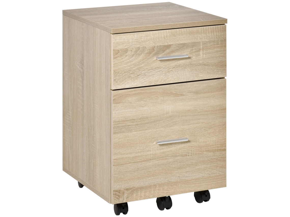 Mueble de oficina con 2 cajones y 5 ruedas, organizador compacto, acabado en roble.