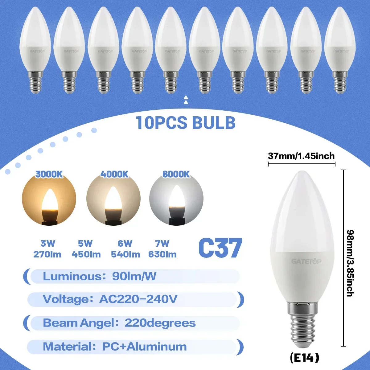 (10 Bombillas, Blanco Cálido 3000k) Mini Bombillas Led E14 C37, Adecuadas Para La Iluminación De Dormitorios, Cocinas, Hoteles Y Vestíbulos.