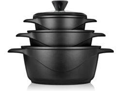 Batería De Cocina Inducción 6 Piezas Aluminio Fundido 3 Ollas Con Tapa De Cristal Antiadherente Briebe Mgk-18s Negro