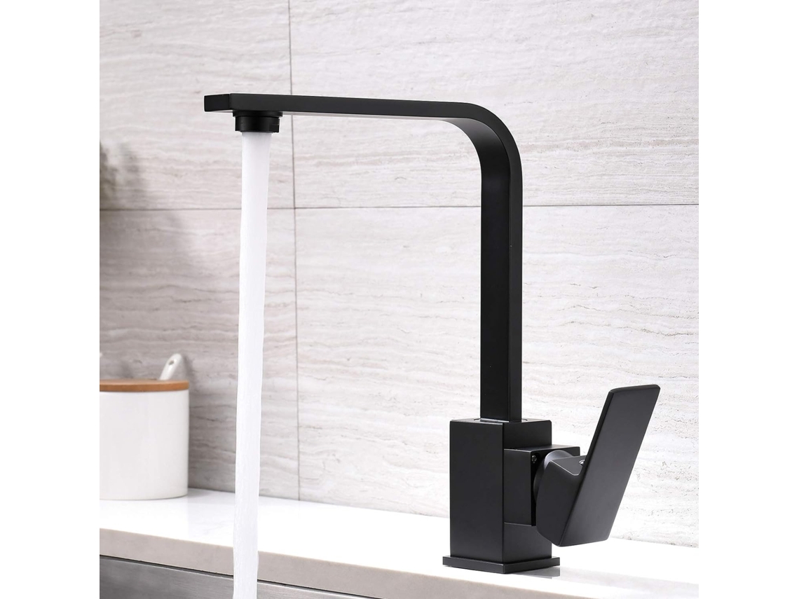 Grifo de cocina giratorio negro con caño cuadrado plano, adecuado para fregaderos de cocina con un solo orificio para verduras.