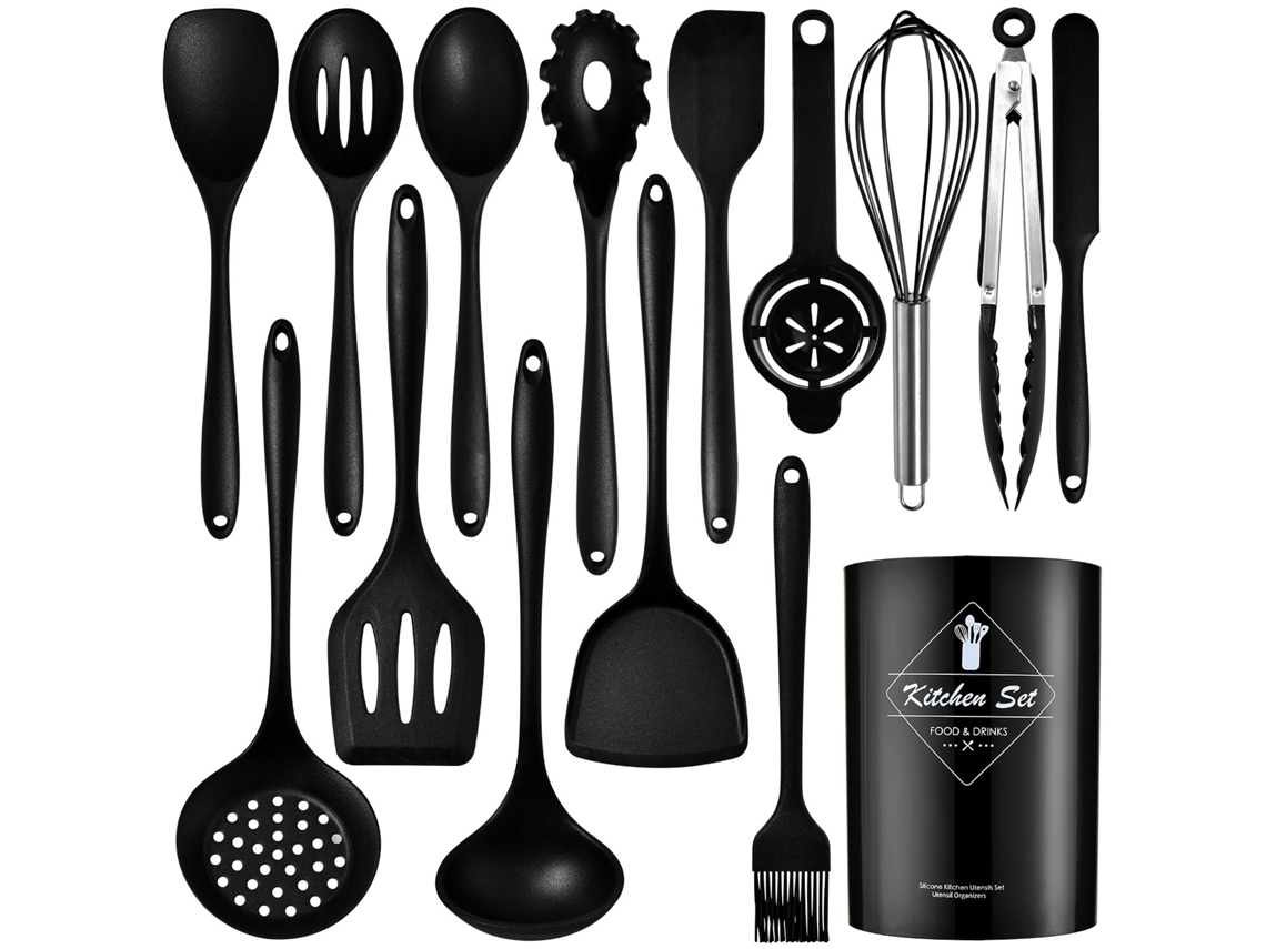 Juego de utensilios de cocina de silicona, aptos para sartenes antiadherentes, 15 piezas. Negro. Sin BPA.