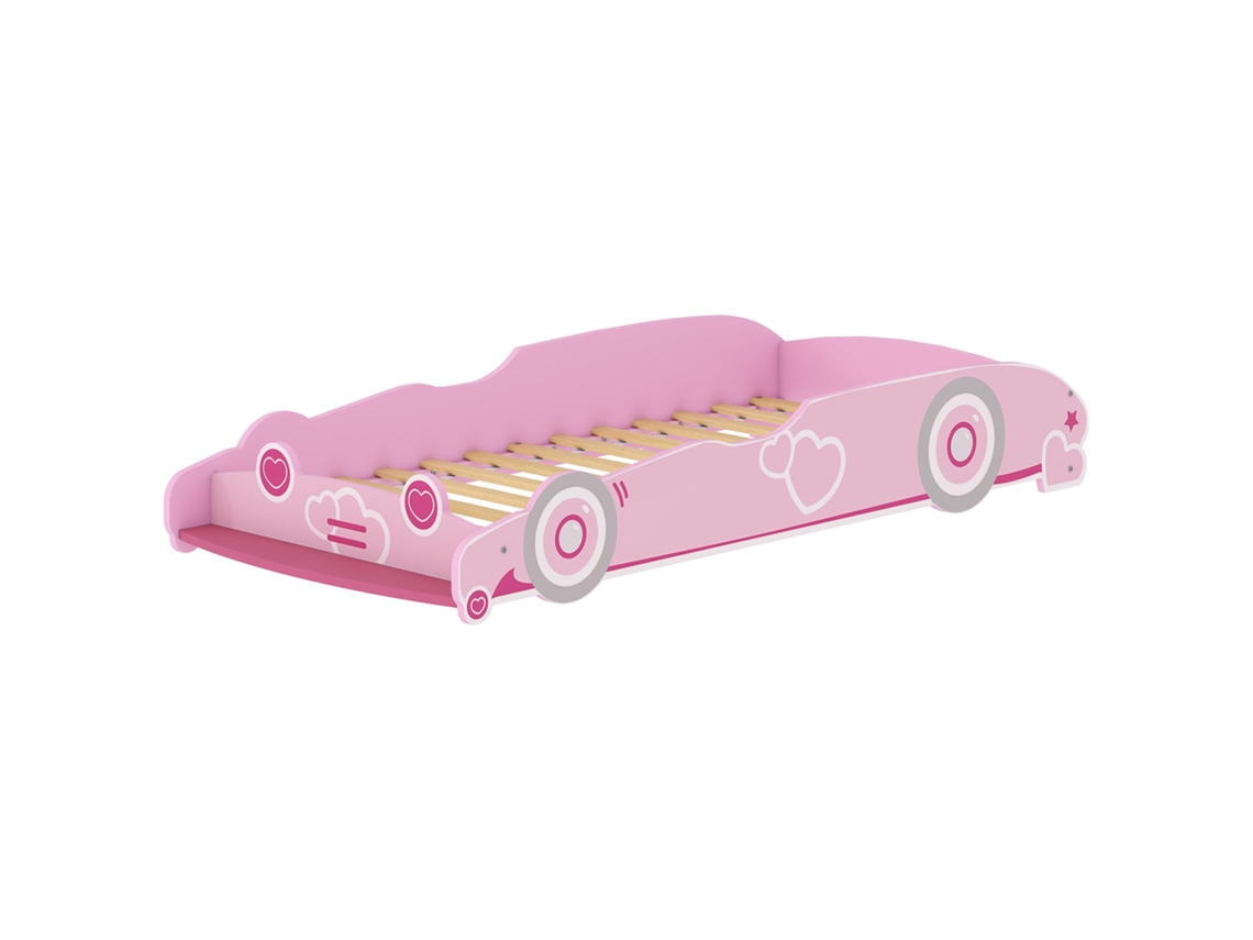 Cama Infantil 70x140 Cm Con Barrera Anticaídas Y Somier Cabecero En Forma De Coche Rosa