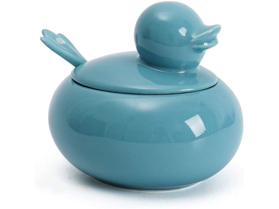 Azucarero De Cerámica Con Cuchara Y Tapa, Estilo Valla De Patos, Bonito Salero, Azul Turquesa.