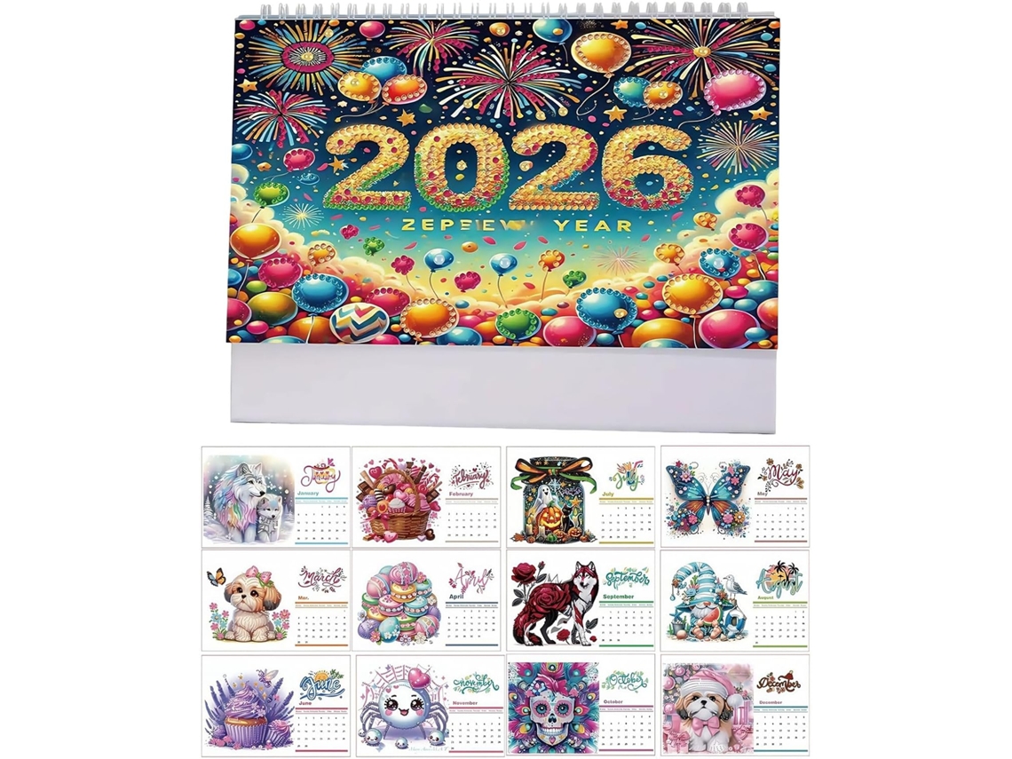 Piedras preciosas, calendario de escritorio 2026, pintura mensual, decoración DIY para oficina y dormitorio.