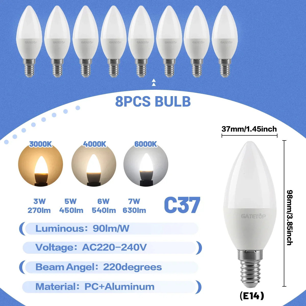 (8 Bombillas, Blanco Cálido 3000k) Mini Bombillas Led E14 C37, Adecuadas Para La Iluminación De Dormitorios, Cocinas, Hoteles Y Vestíbulos.