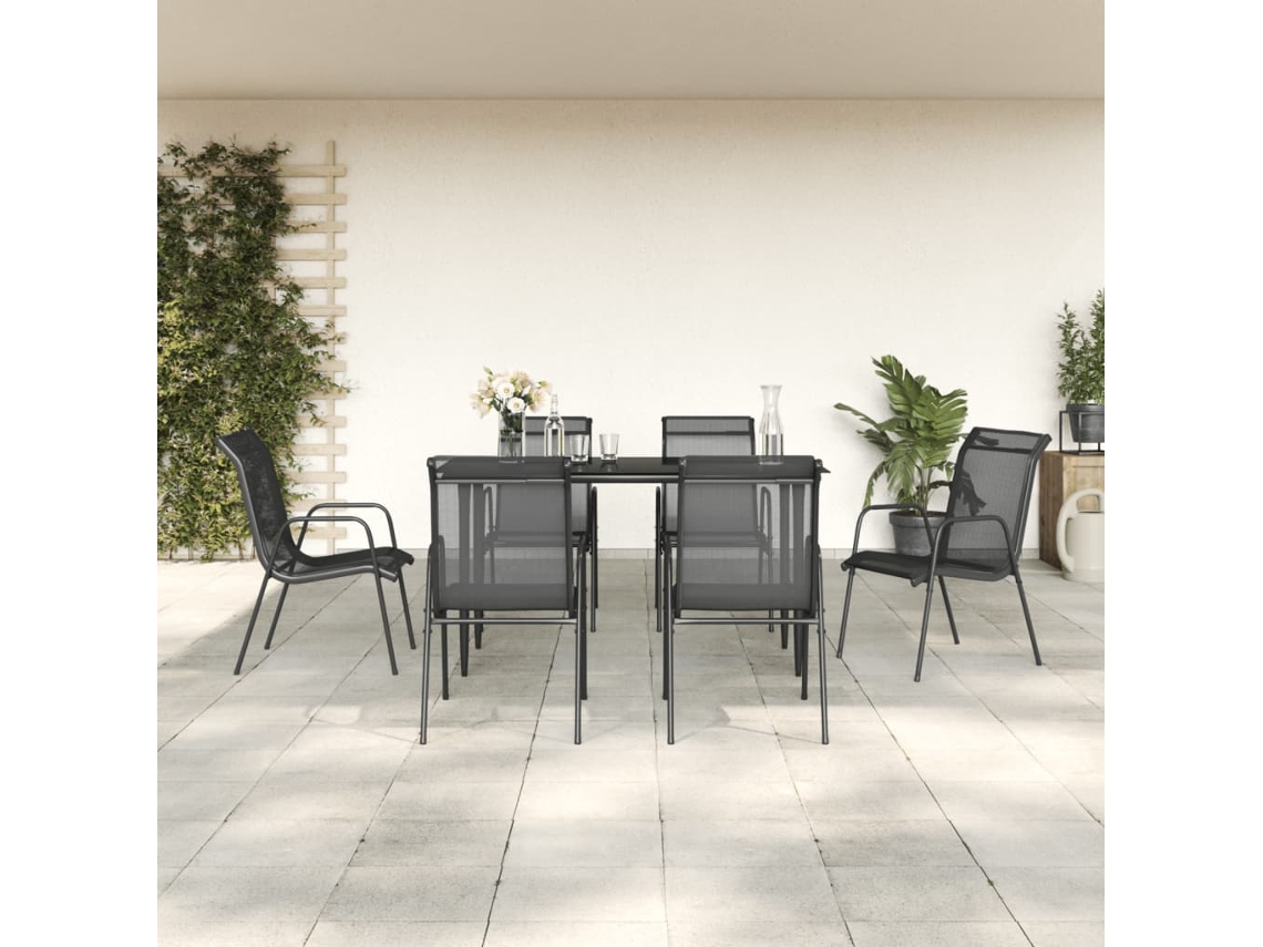 Juego de comedor de jardín de 7 piezas, acero y textileno negro, Dkd Home Decor
