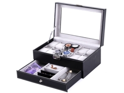 Caja para relojes para hombre y mujer, cajón de 2 niveles para gafas de sol con cierre, organizador de relojes de piel sintética.