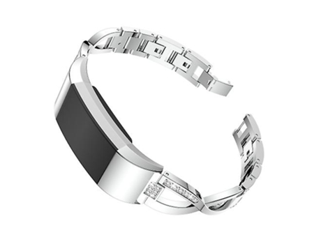 Pulsera con banda de reloj de acero inoxidable macizo con tachuelas de diamantes en forma de X para Fitbit Charge 2 Plata VENISYMLIS