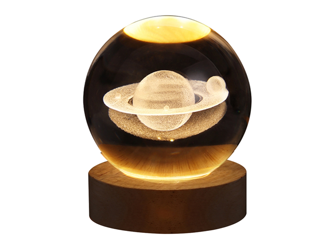 Lámpara de noche de cristal 3D 2026 con bola de luz grabada y base de madera para decoración del hogar.