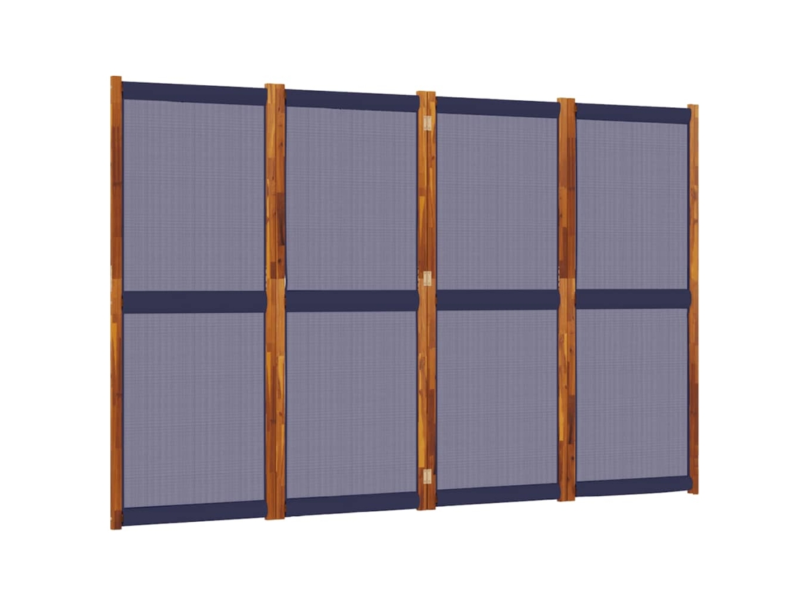 Biombo separador de ambientes, 4 paneles, 280 x 180 cm, Textilene azul y madera, Dec030859