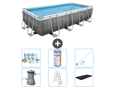 Piscina BESTWAY Rectangular Power Steel - Estampado Ratán - 488 x 244 x 122 - Incluida Bomba - Escalera - Cobertor Accesorios CB32