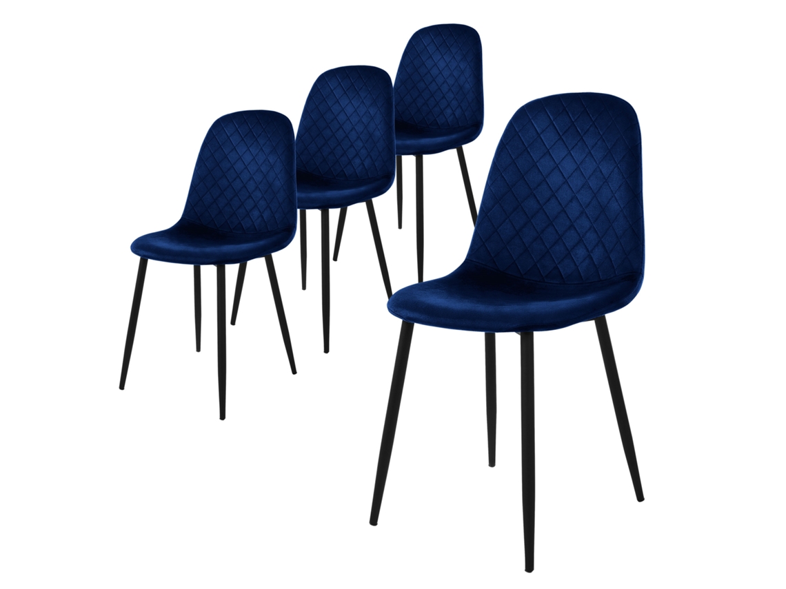 Conjunto de 4 Cadeiras de Jantar com Estofo em Veludo Azul Escuro e Pernas de Metal Incluindo Material de Montagem ML-DESIGN