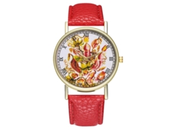 Reloj De Pulsera Unisex De Cuarzo Zhoulianfa Con Correa De Pu Y Estampado De Plantas Rojas.