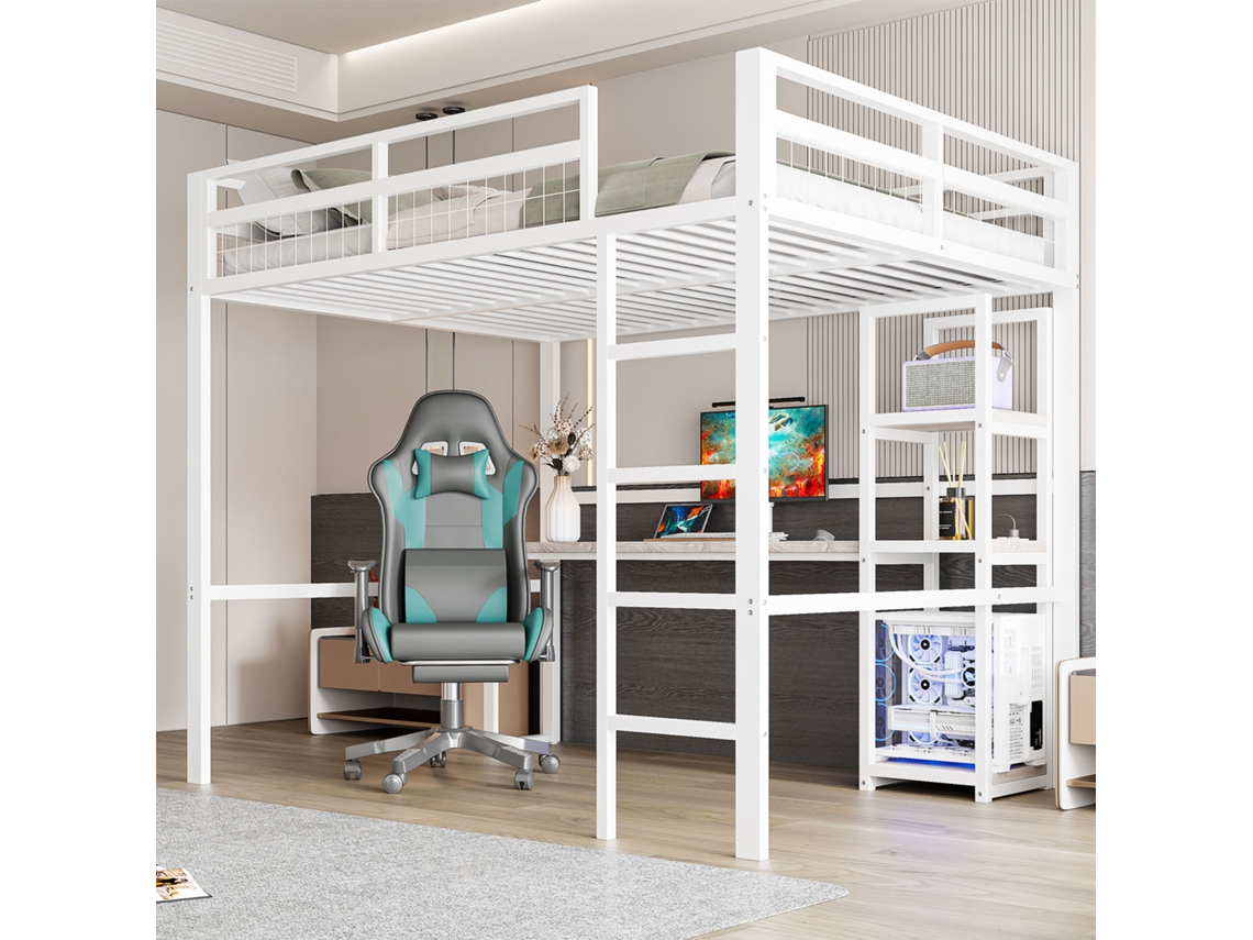 Cama Alta, 140 X 200cm, Estructura De Hierro, Varios Estantes, Escritorio Con Enchufe, Barandilla, Escalera De Tijera, Sin Colchón, Blanco