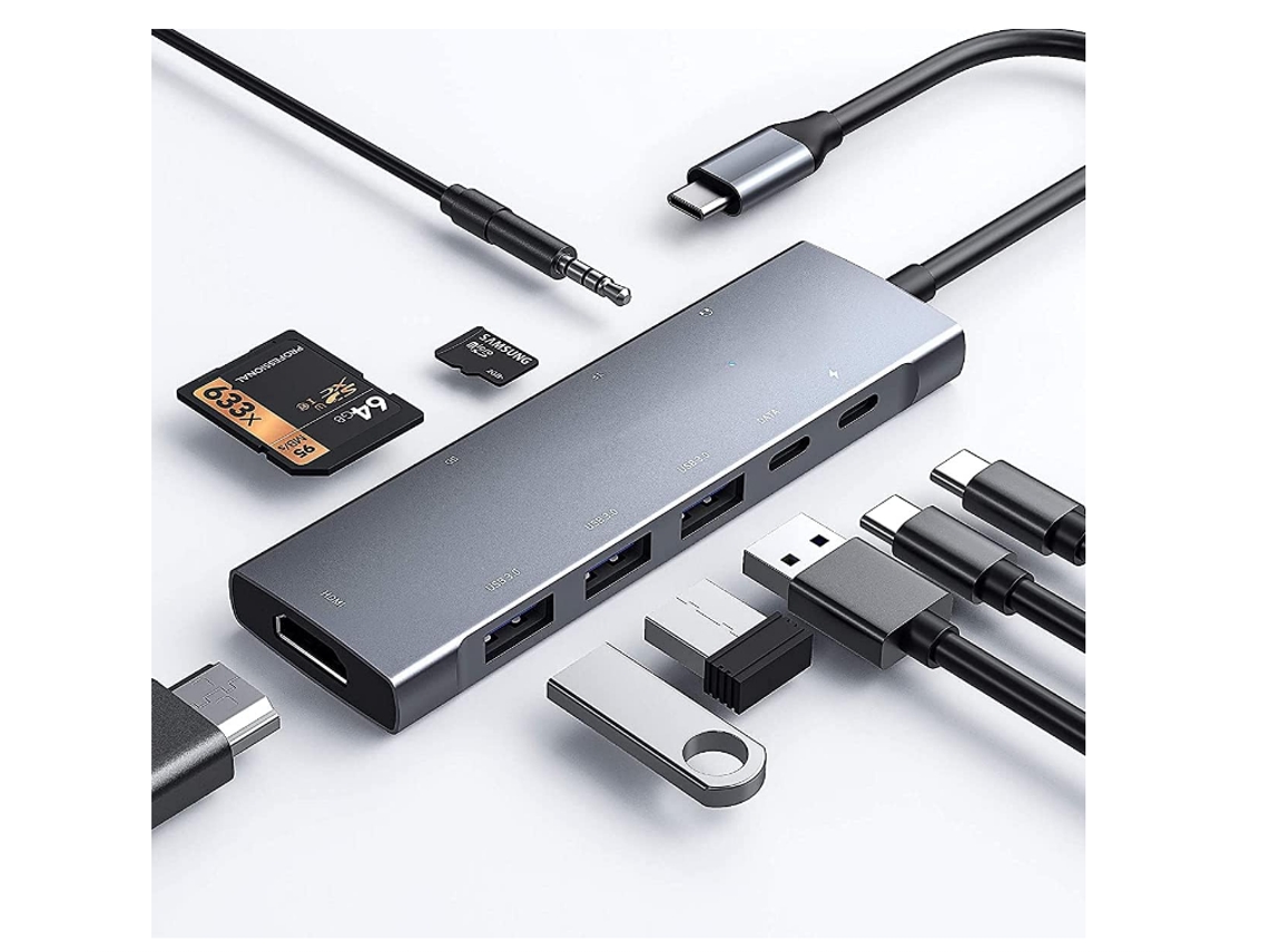Adaptador Multipuerto Usb C Hub, Concentrador Usb C 9 En 1 Con 4k A 30 Hz, Audio De 3,5 Mm, 3 Puertos Usb 3.0, Lector De Tarjetas Sd/tf, Pd