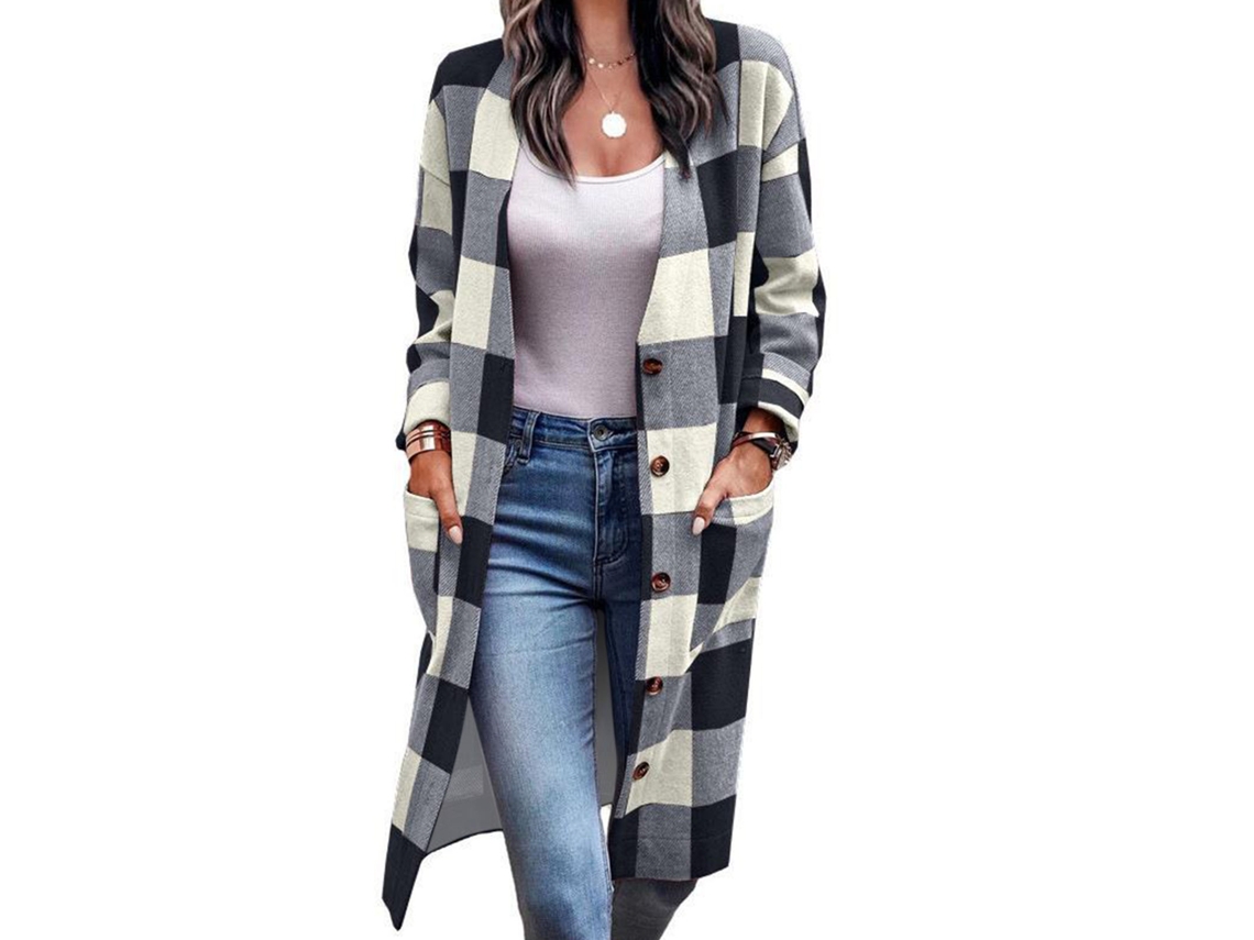 Omni-abrigo De Manga Larga Con Botones Para Mujer, Estilo Casual Elegante, Hombros Caídos, Cuadros, Con Bolsillos, Talla Xxl Negro
