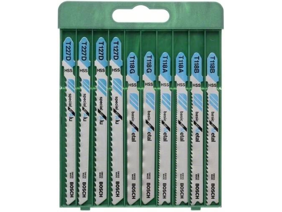 Conjunto de 10 Láminas de Sierra de Calar BOSCH con Vástago en T T 118 A (2X); T 118 B (2X); T 118 G (2X); T 127 D (2X); T 227 D (2X)