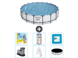 Piscina BESTWAY Round Steel Pro MAX - 549 x 122 cm - Gris - Bomba incluida - Escalera - Cobertor Paquete de mantenimiento - Filtrar - Baldosas