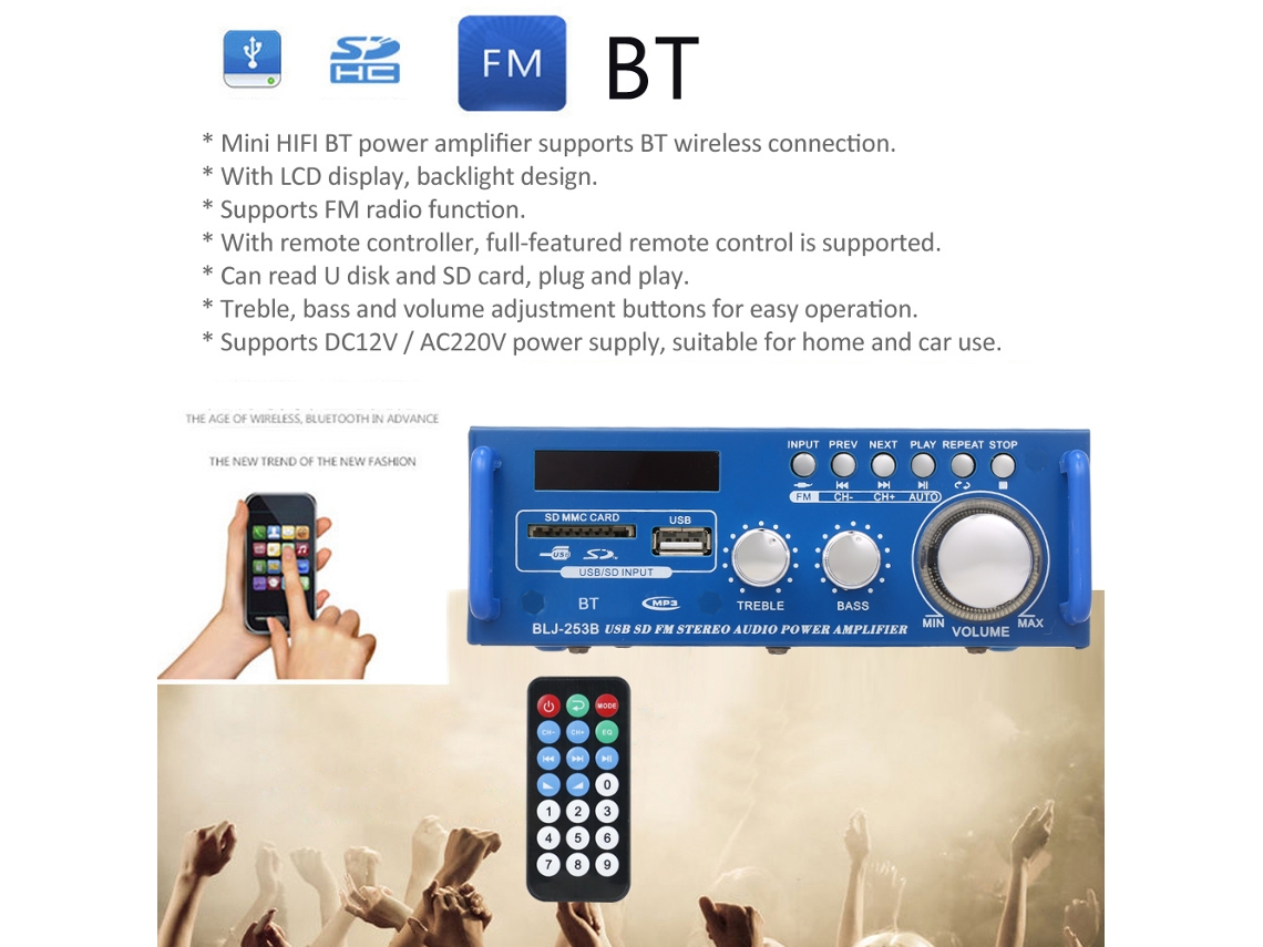 Amplificador De Áudio Mini Bt 300w+300w Dual Channel Usb Sd Fm Rádio Lcd Controle Remoto 12v/220v