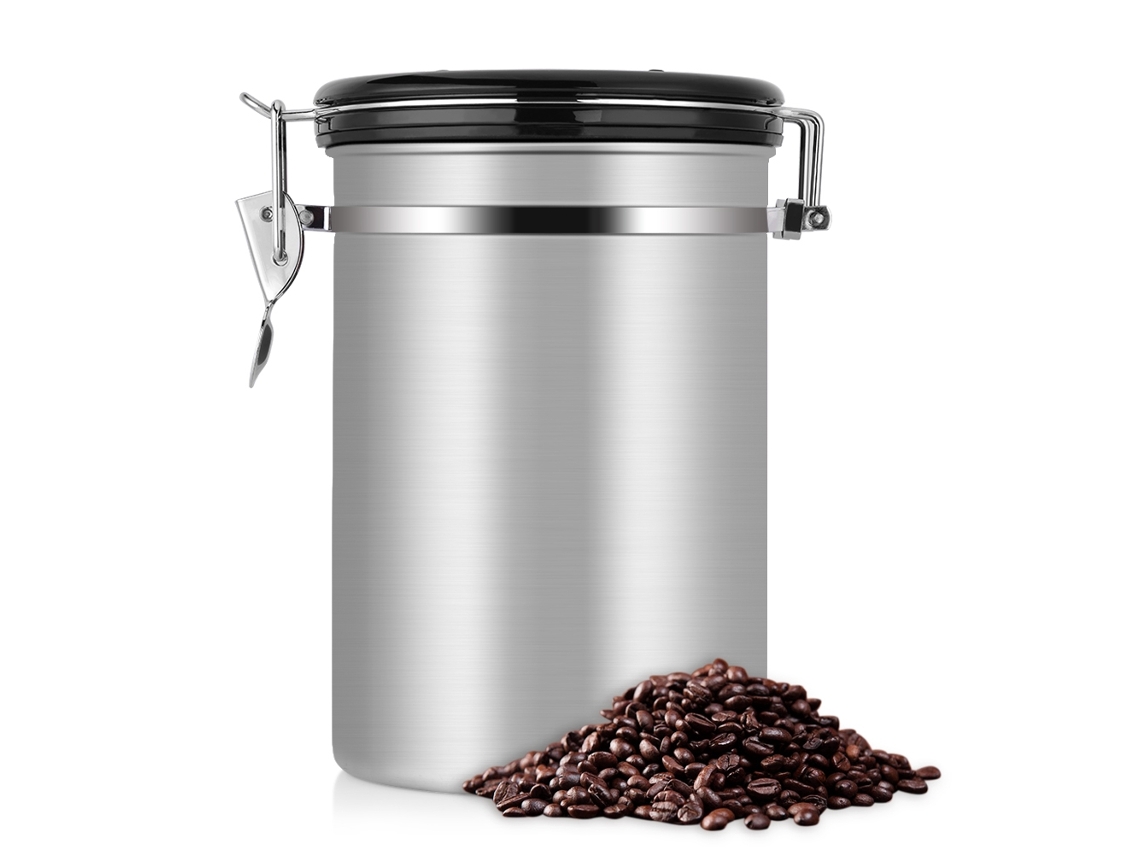 Recipiente hermético para café de acero inoxidable de 1,8 l, color negro y plateado