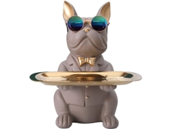 Estatua De Bulldog Francés Con Bandeja De Acero Inoxidable Para Decoración Y Almacenamiento - Gris