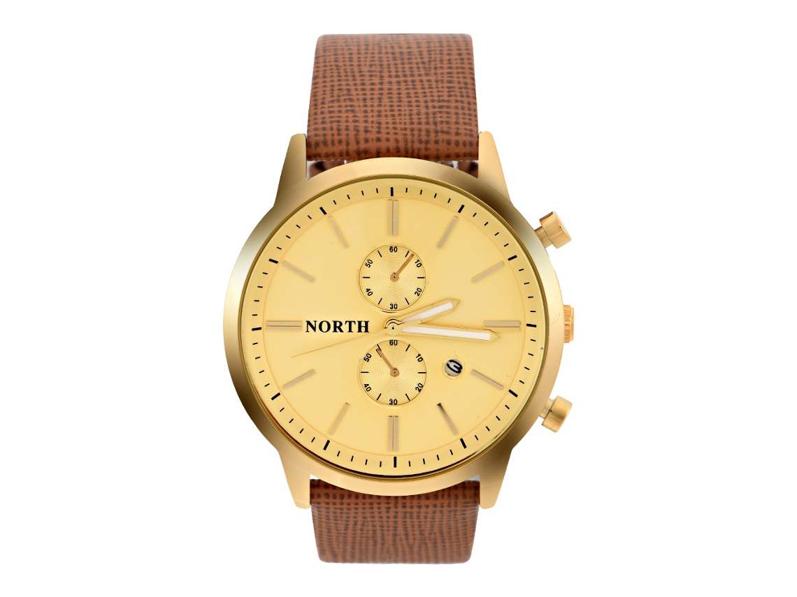 Reloj De Pulsera Analógico De Cuarzo Con Fecha, Manecillas Luminosas Y Correa De Cuero Dorado.