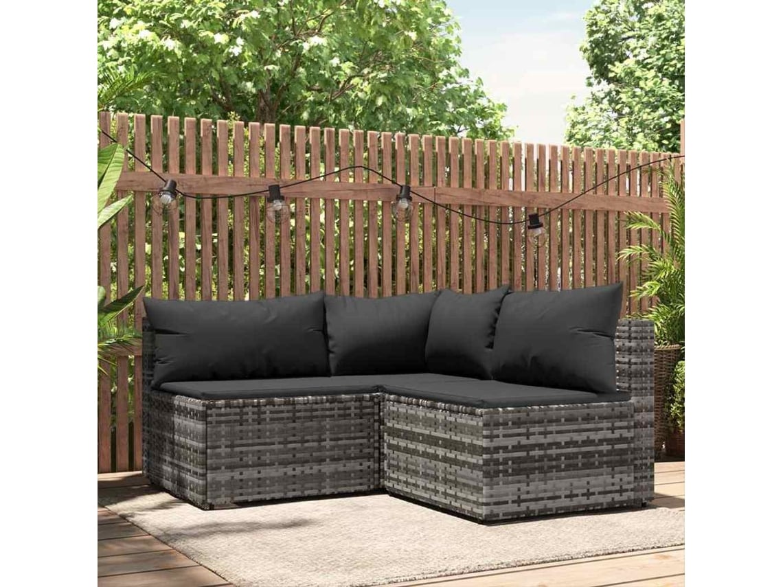 Conjunto de jardín de 3 piezas con cojines en ratán gris, Dkd Home Decor