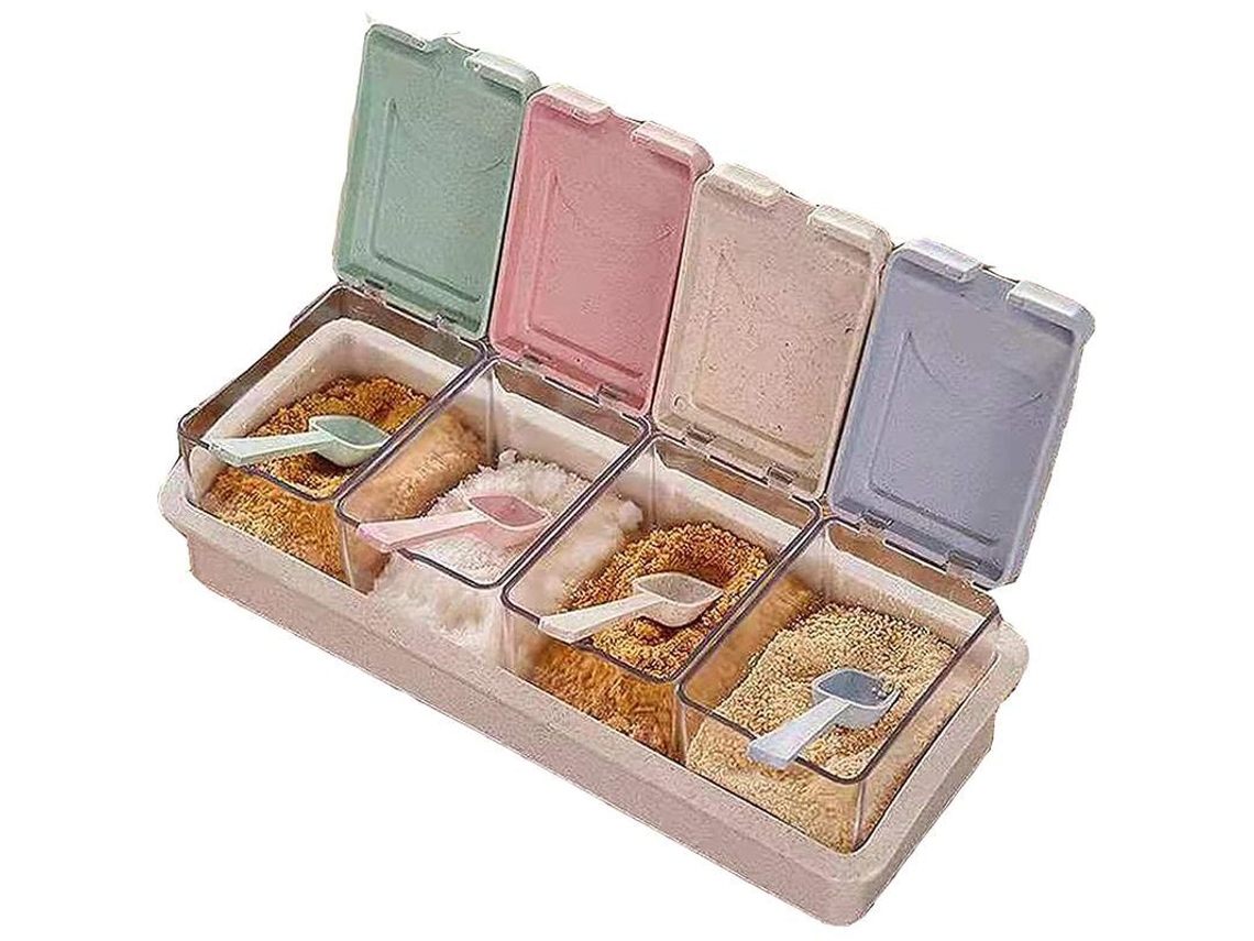 Organizador De Especias Con 4 Compartimentos Y Cucharas De Paja De Trigo Para La Cocina.
