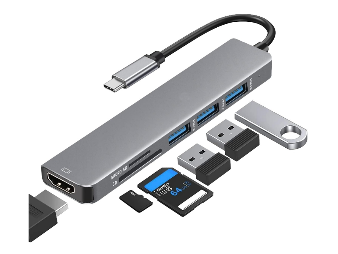 Adaptador USB-C 4K HD, concentrador 6 en 1 de tarjetas SD a USB-C, adaptador USB-C, USB-3.0, USB-2.0 y lector de tarjetas Micro SD/SD Yizhood (gris)