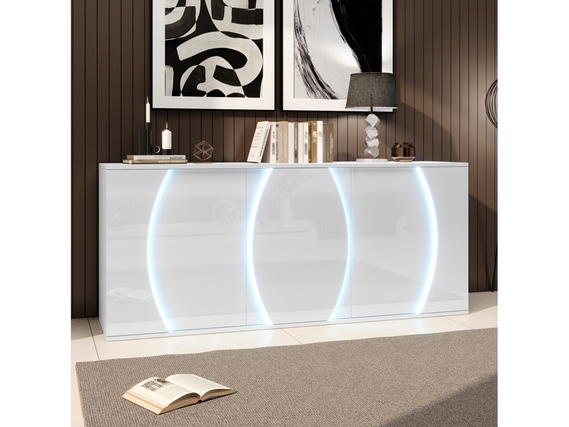 Aparador De Salón 150 X 40 X 70 Cm - Mueble De Almacenamiento Con 3 Puertas, Puertas Con Diseño Y Led, Acabado Alto Brillo - Blanco