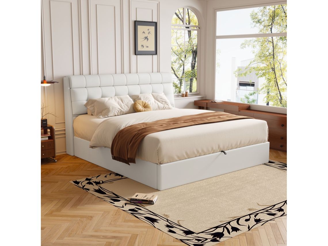 Cama Tapizada De 140x190 Cm, Con Elevación Hidráulica, En Pu, Con Cabecera Con Almacenamiento, Cajón, Base De Lamas, Sin Colchón, Color Blanco