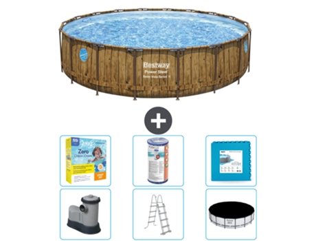 Piscina BESTWAY Round Power Steel Swim Vista - Impresión en madera - 549 x 122 - Incluye bomba - Escalera - Cubierta Accesorios CB34