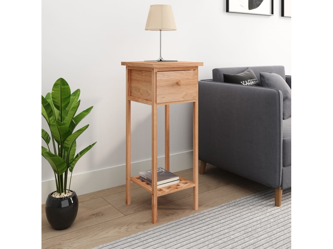 Mesa Auxiliar Con Cajón Madera Maciza Nogal 25x25x60 Cm
