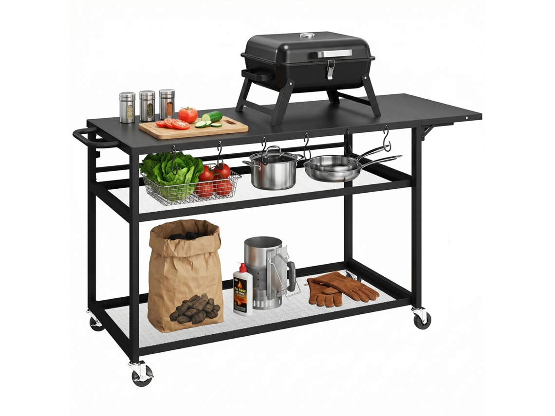 Carrito de jardín/barbacoa con ruedas, estante lateral plegable, tres estantes, 133 x 48,5 x 82 cm, negro. PMM CAPITALI