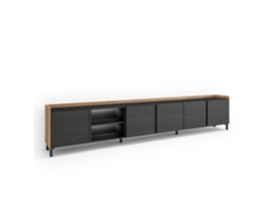 Mueble para TV, 309x35x61cm, para televisores de hasta 80", diseño industrial, LED, negro y roble.