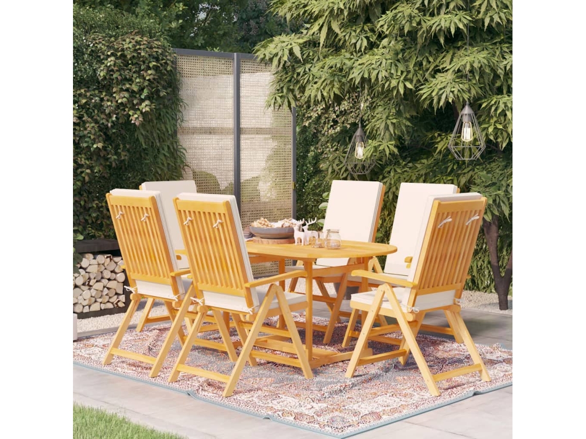 Conjunto 7 Peças Jantar Jardim C/ Almofadões Madeira Teca Maciça Dkd Home Decor