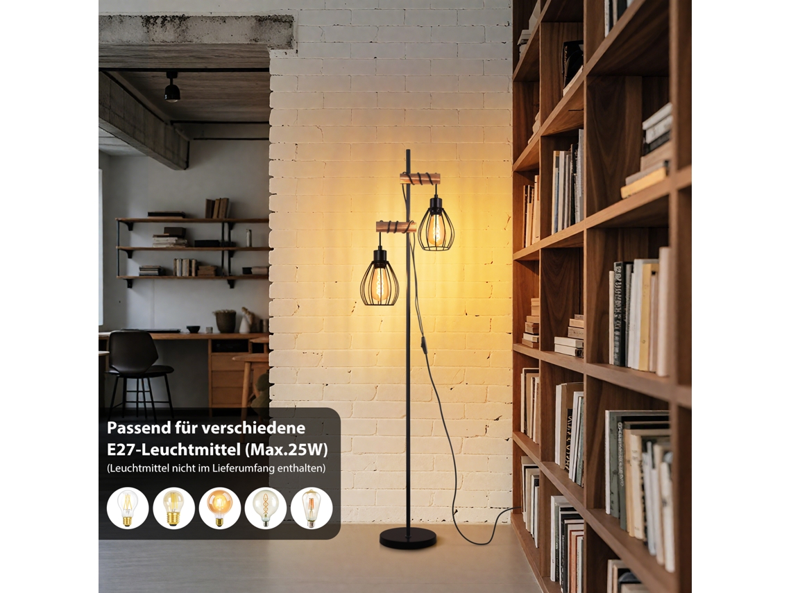 Lámpara de pie metálica negra de diseño industrial vintage, 2 bombillas E27, altura 152 cm (bombillas no incluidas).