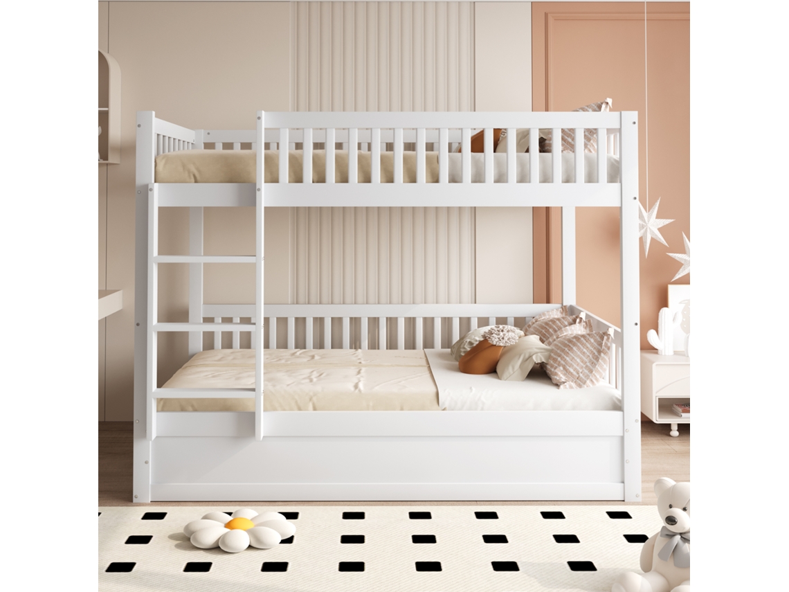 Litera infantil de 90 x 200 cm de madera maciza con compartimento de almacenaje debajo, color blanco (colchón no incluido)