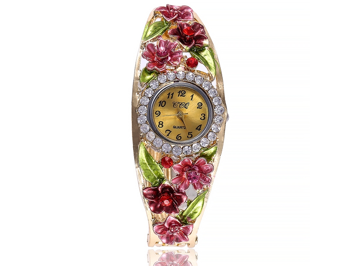 Reloj De Pulsera De Cuarzo Para Mujer Ccq, Esfera Redonda, Decoración Floral, Piedras Rojas.