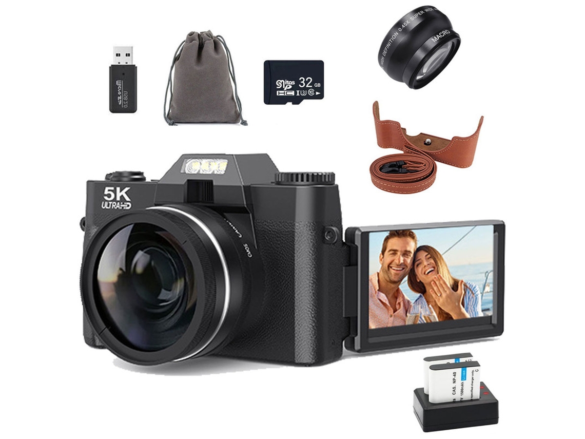 Cámara digital compacta SZSMART Rz0 con pantalla de 3'', wifi y lente gran angular, ideal para vlogs y selfies, color negro, 2 baterías, 5k, 75mp, 32gb