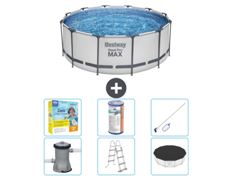 Piscina BESTWAY Round Steel Pro MAX - 366 x 122 cm - Gris - Incluida bomba - Escalera - Cobertor Paquete de mantenimiento - Filtrar - kit de limpieza