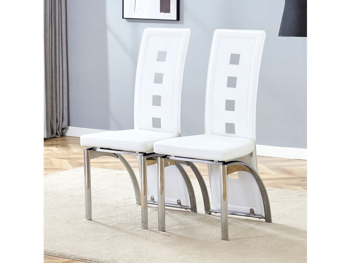 Sillas De Comedor 2 Piezas - Diseño Europeo Con Patrón De Agujeros, Pu Blanco + Patas Metálicas Plateadas - White+silver