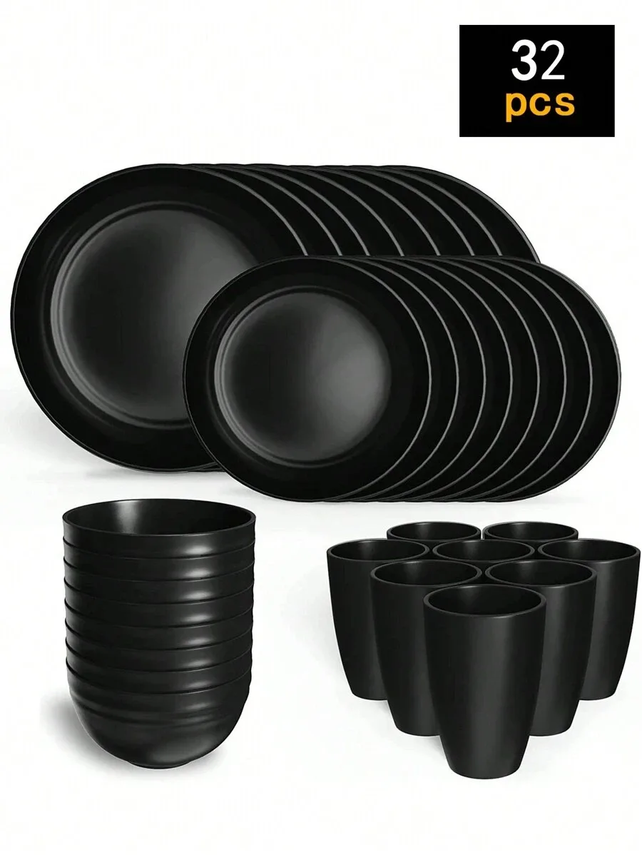 Juego de cubiertos de plástico, incluye platos, cuencos y vasos. MDUG (32 piezas, negro)