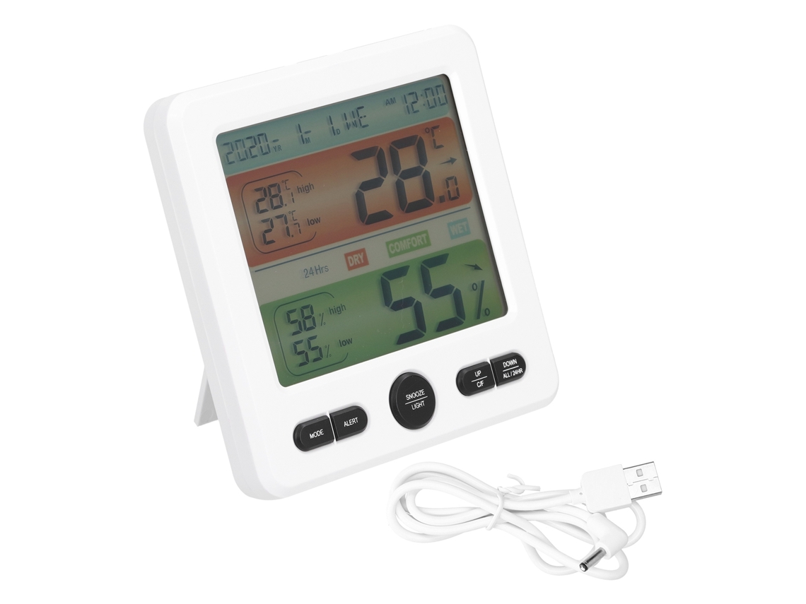 Medidor De Temperatura Y Humedad Interior Con Pantalla Grande Y Reloj Digital Ts-6211 Blanco