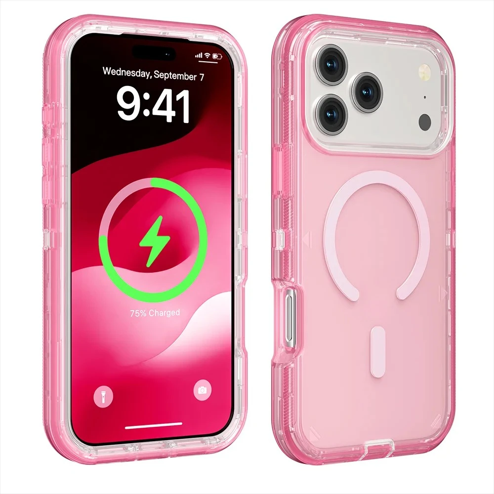 (rosa, Iphone 15 Plus) Funda Protectora Transparente Con Carga Inalámbrica Magnética Y Mayor Resistencia A Los Golpes.