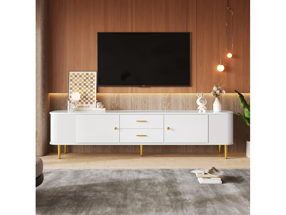 Mueble Para Tv Blanco, 170x34x45 Cm, Esquinas Redondeadas, Patas Y Tiradores Dorados, 2 Cajones 2 Puertas, Para Pantalla Grande