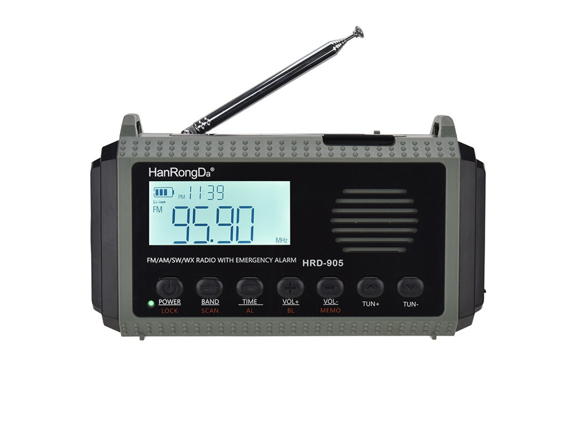 Hanrongda Drh 905 - Radio de emergencia con batería externa solar y manivela, 10 000 mAh, AM/FM SW, pulsera meteorológica, linterna LED, alarma SOS, equipo