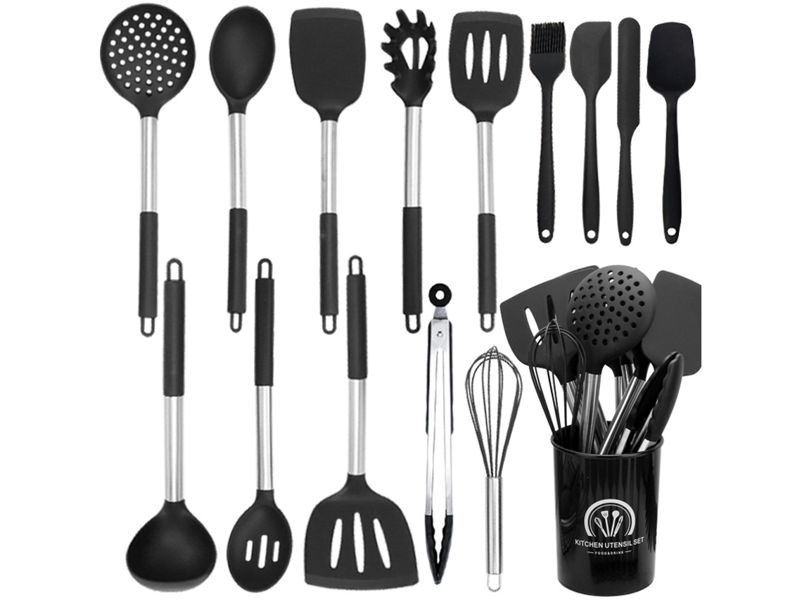 Juego De Utensilios De Cocina De Silicona Resistentes Al Calor De 15 Piezas Con Mangos De Acero Inoxidable Para Cocinar Y Hornear Negro Cuich